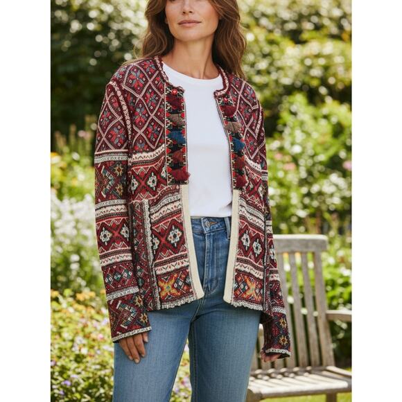 NEW Peck & Peck Wool Blend Tapestry Sweater Cardigan Sz L Tassel Hook Close Boho - Picture 14 of 14